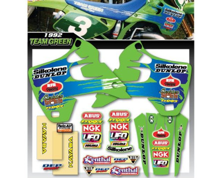 KIT DECO COMPLET ET HOUSSE DE SELLE TEAM GREEN REPLICA KAWASAKI 125 250 KX 1992