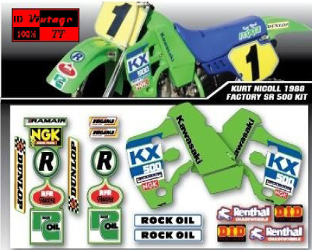 KIT DECO COMPLET ET HOUSSE DE SELLE NICOLL REPLICA KAWASAKI 500 KX 1988